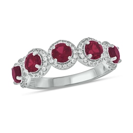 4.0mm Lab-Created Ruby and 1/3 CT. T.W. Diamond Frame Five Stone Band in Sterling Silver