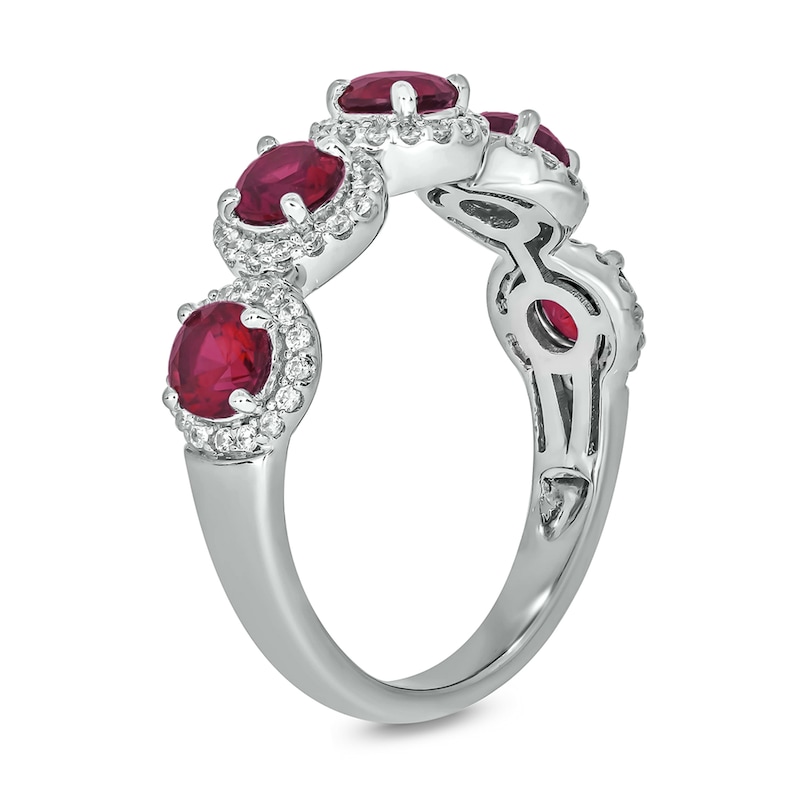 Main Image 2 of 4.0mm Lab-Created Ruby and 1/3 CT. T.W. Diamond Frame Five Stone Band in Sterling Silver