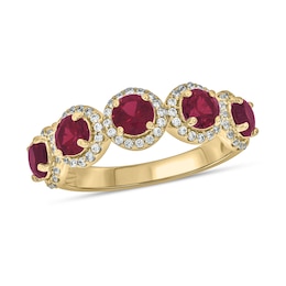 4.0mm Lab-Created Ruby and 1/3 CT. T.W. Diamond Frame Five Stone Band in Sterling Silver with 14K Gold Plate