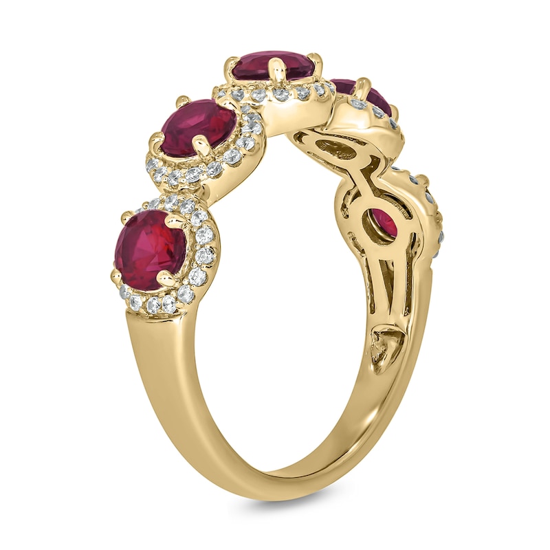 Main Image 2 of 4.0mm Lab-Created Ruby and 1/3 CT. T.W. Diamond Frame Five Stone Band in Sterling Silver with 14K Gold Plate