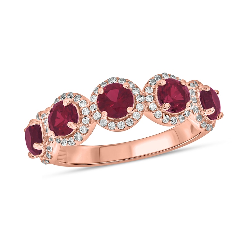 4.0mm Lab-Created Ruby and 1/3 CT. T.W. Diamond Frame Five Stone Band in Sterling Silver with 14K Rose Gold Plate