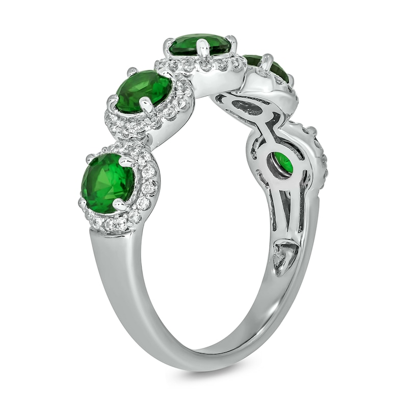 Main Image 2 of 4.0mm Lab-Created Emerald and 1/3 CT. T.W. Diamond Frame Five Stone Band in Sterling Silver