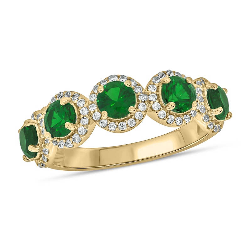 Main Image 1 of 4.0mm Lab-Created Emerald and 1/3 CT. T.W. Diamond Frame Five Stone Band in Sterling Silver with 14K Gold Plate