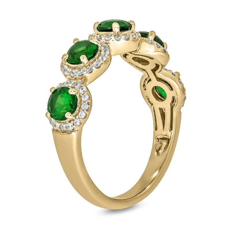 Main Image 2 of 4.0mm Lab-Created Emerald and 1/3 CT. T.W. Diamond Frame Five Stone Band in Sterling Silver with 14K Gold Plate