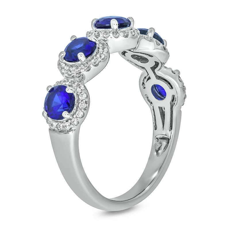 Main Image 2 of 4.0mm Blue Lab-Created Sapphire and 1/3 CT. T.W. Diamond Frame Five Stone Band in Sterling Silver