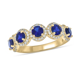 4.0mm Blue Lab-Created Sapphire and 1/3 CT. T.W. Diamond Frame Five Stone Band in Sterling Silver with 14K Gold Plate