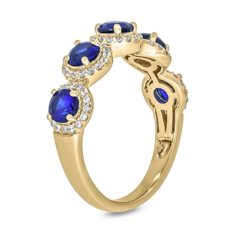 Main Image 2 of 4.0mm Blue Lab-Created Sapphire and 1/3 CT. T.W. Diamond Frame Five Stone Band in Sterling Silver with 14K Gold Plate