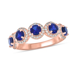 4.0mm Blue Lab-Created Sapphire and 1/3 CT. T.W. Diamond Five Stone Band in Sterling Silver with 14K Rose Gold Plate