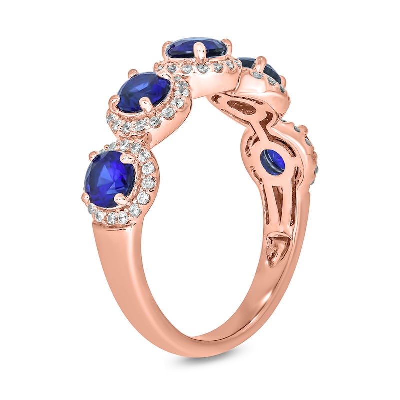 4.0mm Blue Lab-Created Sapphire and 1/3 CT. T.W. Diamond Five Stone Band in Sterling Silver with 14K Rose Gold Plate