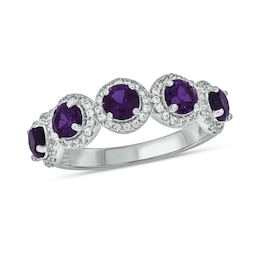 4.0mm Amethyst and 1/3 CT. T.W. Diamond Frame Five Stone Band in Sterling Silver