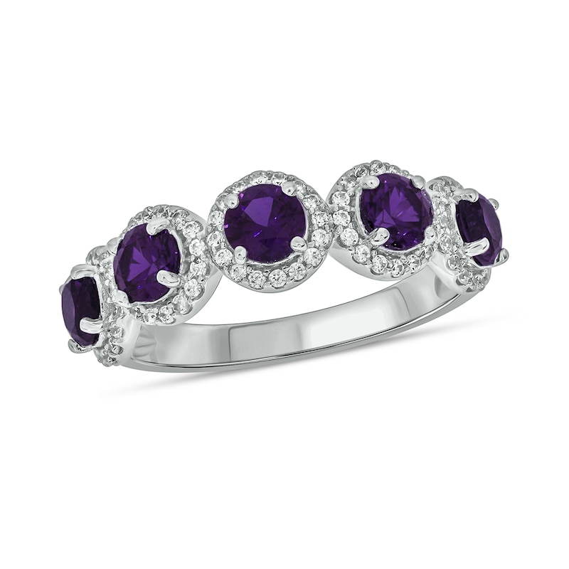 Main Image 1 of 4.0mm Amethyst and 1/3 CT. T.W. Diamond Frame Five Stone Band in Sterling Silver