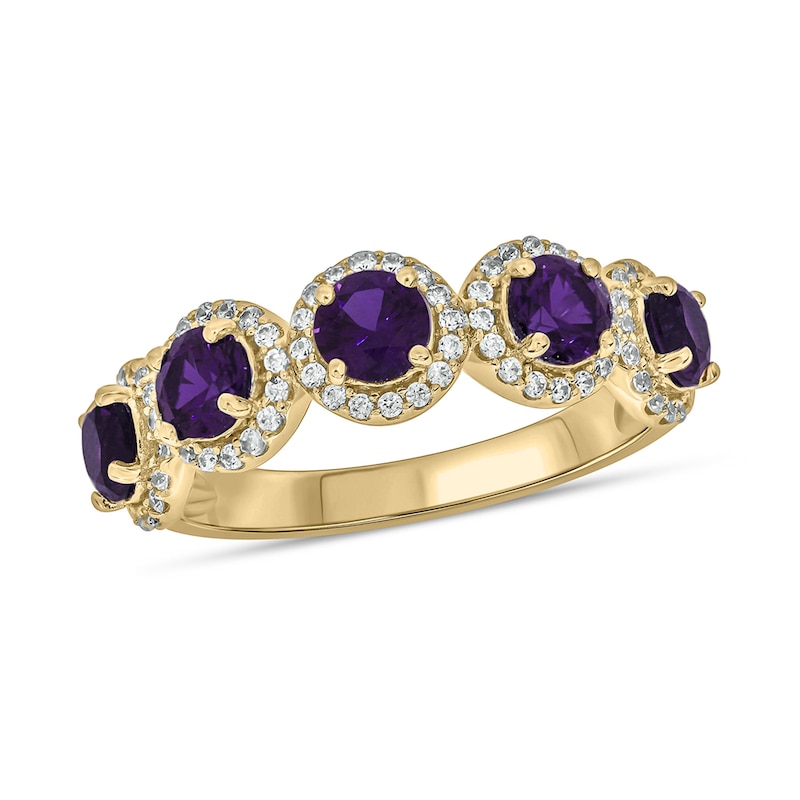 4.0mm Amethyst and 1/3 CT. T.W. Diamond Frame Five Stone Band in Sterling Silver with 14K Gold Plate
