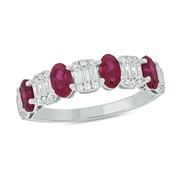 Alternating Oval Lab-Created Ruby and 1/3 CT. T.W. Emerald Multi-Diamond Band in 10K White Gold