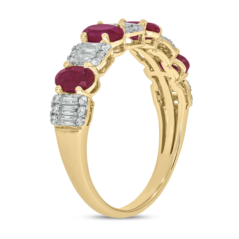 Main Image 2 of Alternating Oval Lab-Created Ruby and 1/3 CT. T.W. Emerald Multi-Diamond Band in 10K Gold