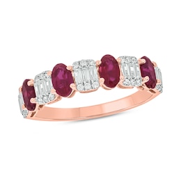 Alternating Oval Lab-Created Ruby and 1/3 CT. T.W. Emerald Multi-Diamond Band in 10K Rose Gold