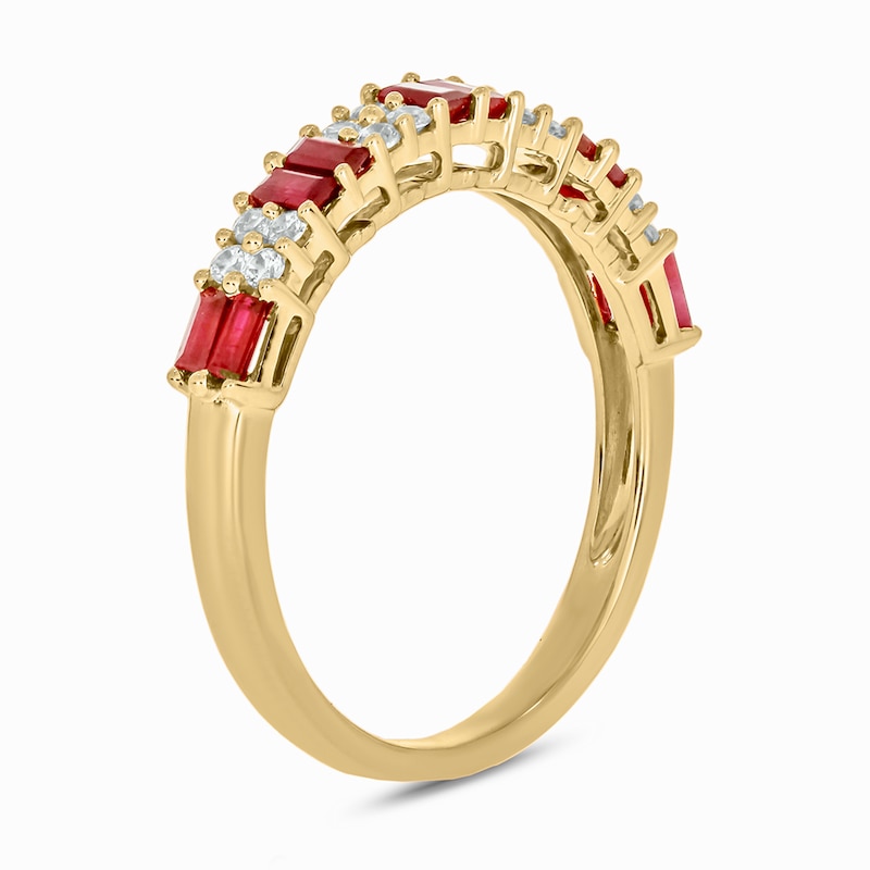 Main Image 2 of Alternating Baguette-Cut Lab-Created Ruby and 1/5 CT. T.W. Quad Diamond Band in 10K Gold