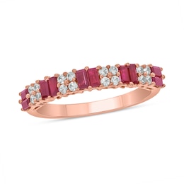 Alternating Baguette-Cut Lab-Created Ruby and 1/5 CT. T.W. Quad Diamond Band in 10K Rose Gold