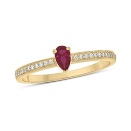 Pear-Shaped Lab-Created Ruby and 1/10 CT. T.W. Diamond Ring in Sterling Silver with 14K Gold Plate