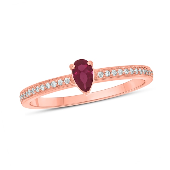 Pear-Shaped Lab-Created Ruby And 1/10 CT. T.W. Diamond Ring In Sterling Silver With 14K Rose Gold Plate