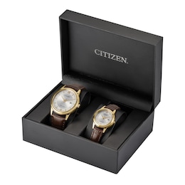 His & Hers Citizen Eco-Drive® Gold-Tone Brown Leather Strap Watch with Ivory Dial Set (Model: PAIRS-RETAIL-0103-A)