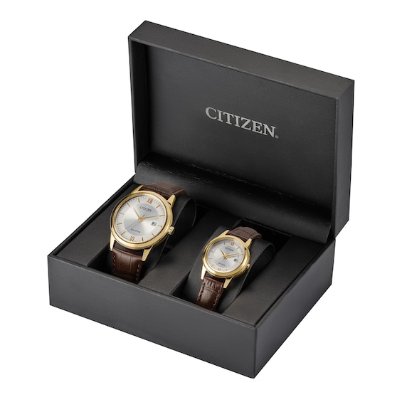 His & Hers Citizen Eco-DriveÂ® Gold-Tone Brown Leather Strap Watch With Ivory Dial Set (Model: PAIRS-RETAIL-0103-A)