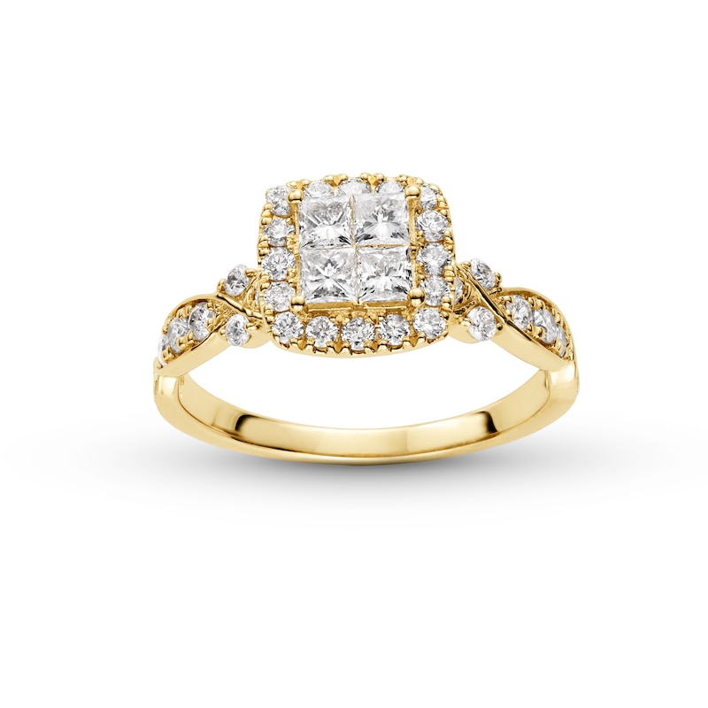 Main Image 1 of 1 CT. T.W. Quad Princess-Cut Diamond Cushion-Shaped Frame Twist Shank Engagement Ring in 14K Gold