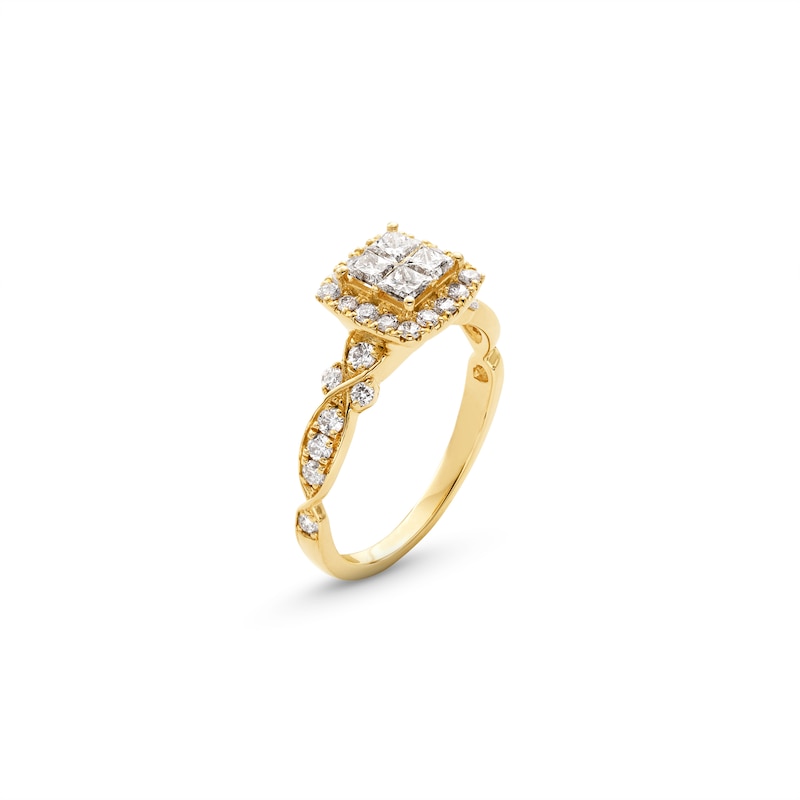 Main Image 3 of 1 CT. T.W. Quad Princess-Cut Diamond Cushion-Shaped Frame Twist Shank Engagement Ring in 14K Gold