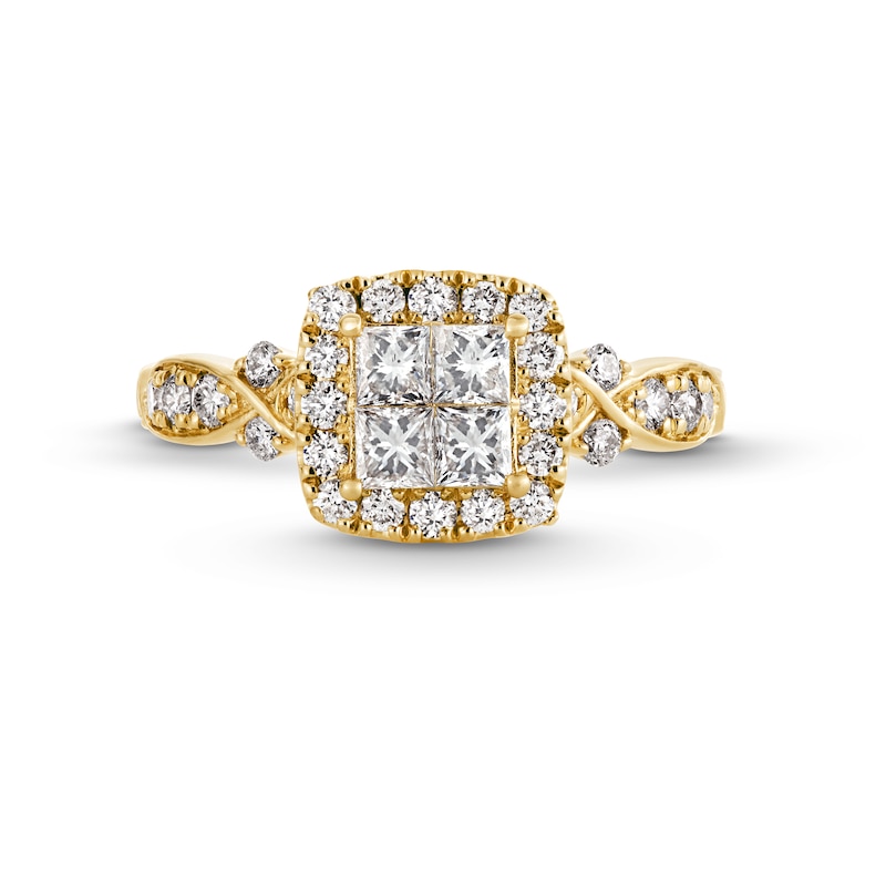 Main Image 4 of 1 CT. T.W. Quad Princess-Cut Diamond Cushion-Shaped Frame Twist Shank Engagement Ring in 14K Gold