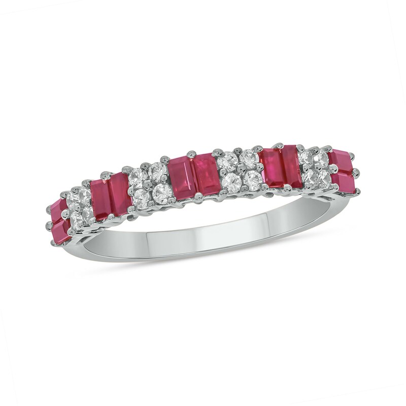 Main Image 1 of Alternating Lab-Created Ruby and 1/5 CT. T.W. Quad Diamond Band in 10K White Gold