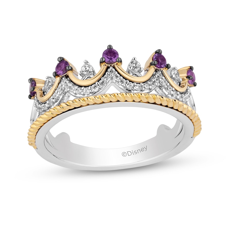 Main Image 1 of Enchanted Disney Wish Amethyst and 1/6 CT. T.W. Diamond Crown Ring in Sterling Silver and 10K Gold - Size 7