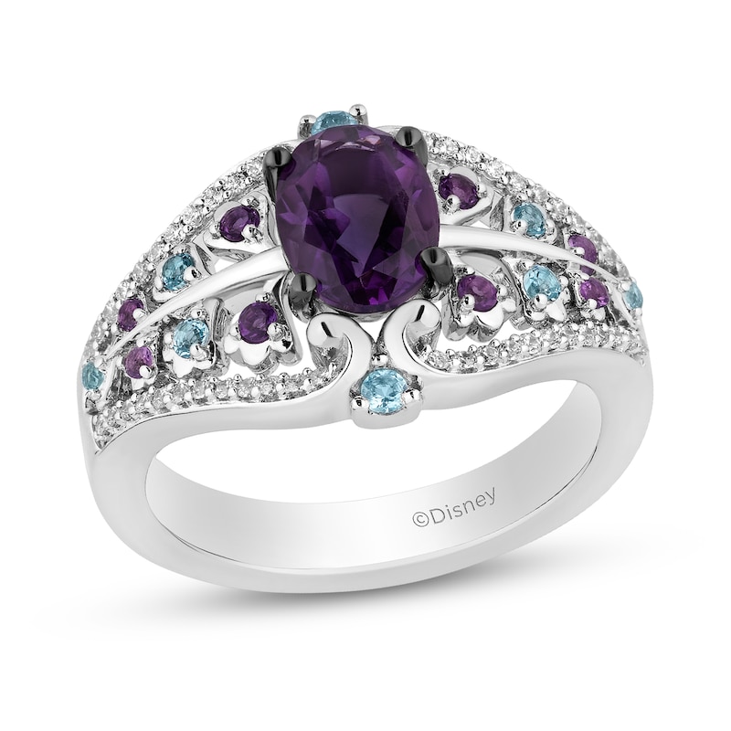 Main Image 1 of Enchanted Disney Wish Oval Amethyst, Blue Topaz and 1/6 CT. T.W. Diamond Ring in Sterling Silver - Size 7