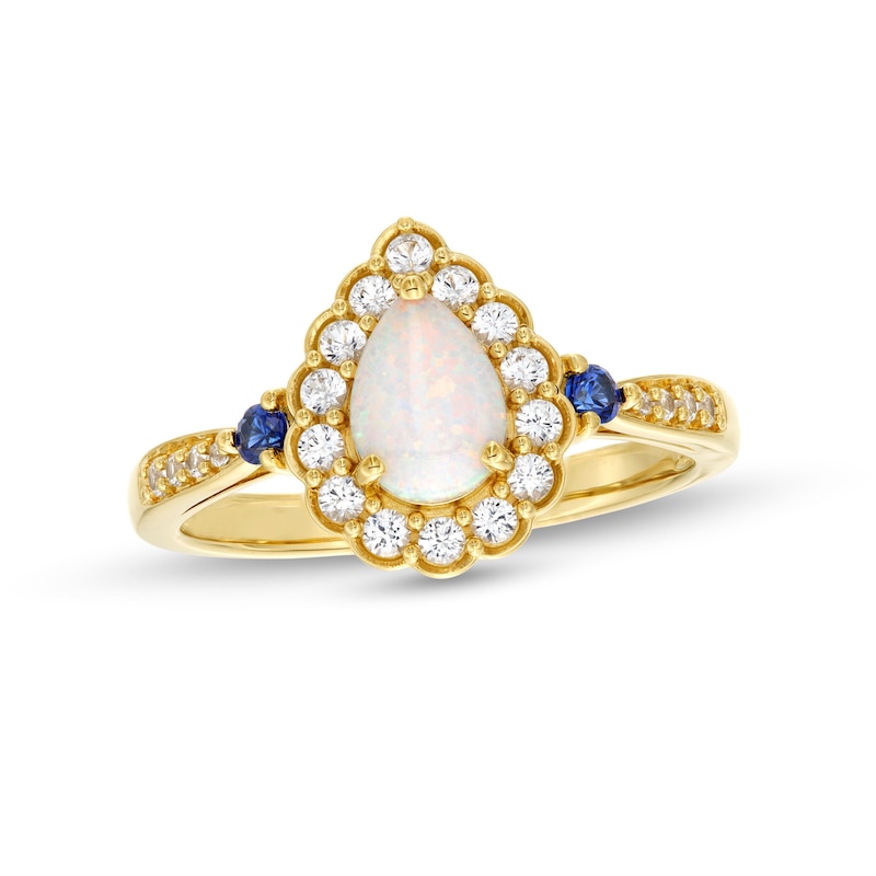 Main Image 1 of Pear-Shaped Lab-Created Opal and Lab-Created Sapphire Scallop Frame Ring in Sterling Silver with 14K Gold Plate - Size 7