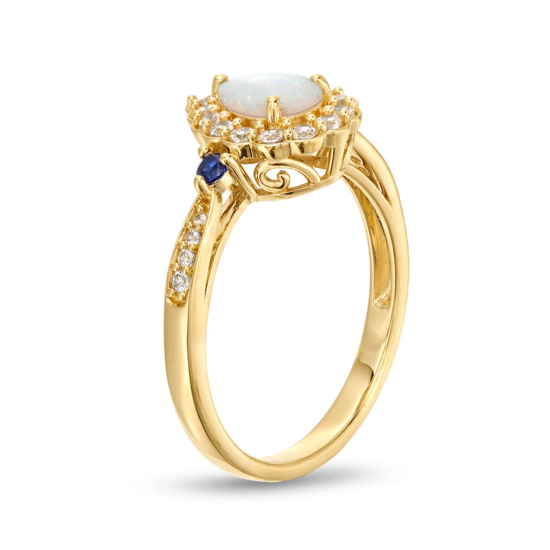 Pear-Shaped Lab-Created Opal and Lab-Created Sapphire Scallop Frame Ring in Sterling Silver with 14K Gold Plate - Size 7
