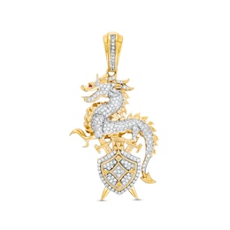 Men's 1/2 CT. T.W. Diamond Dragon, Shield and Swords Crest Necklace Charm in 10K Gold