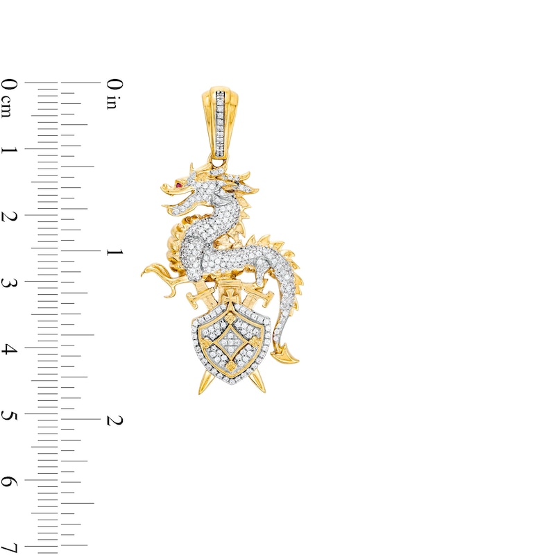 Main Image 2 of Men's 1/2 CT. T.W. Diamond Dragon, Shield and Swords Crest Necklace Charm in 10K Gold