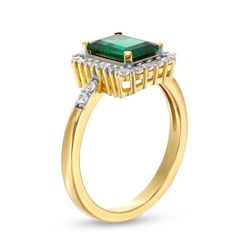 Main Image 3 of Emerald-Cut Lab-Created Emerald and White Lab-Created Sapphire Frame Ring in Sterling Silver with 18K Gold Plate