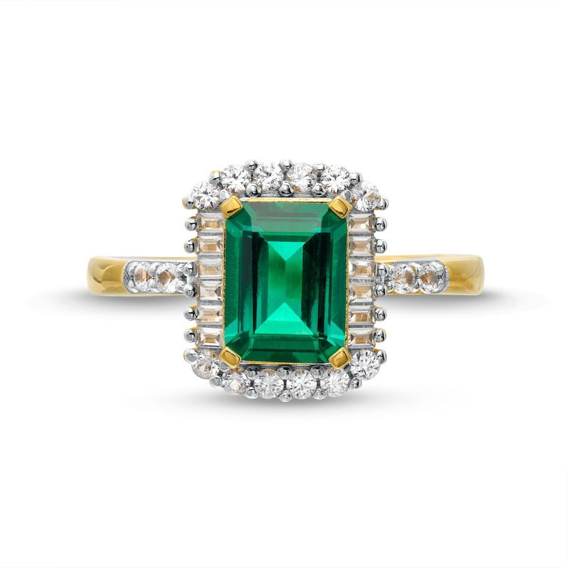 Emerald-Cut Lab-Created Emerald and White Lab-Created Sapphire Frame Ring in Sterling Silver with 18K Gold Plate