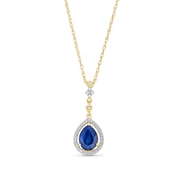 Pear-Shaped Blue Sapphire and 1/8 CT. T.W. Diamond Dangle Pendant in 10K Gold