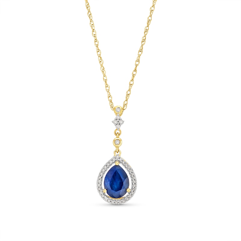 Main Image 1 of Pear-Shaped Blue Sapphire and 1/8 CT. T.W. Diamond Dangle Pendant in 10K Gold