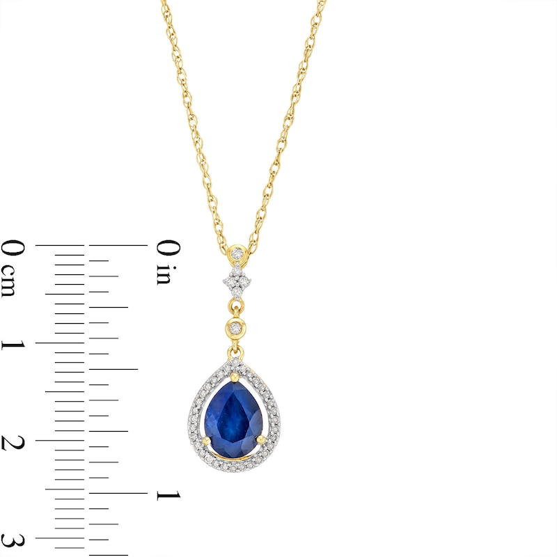 Main Image 3 of Pear-Shaped Blue Sapphire and 1/8 CT. T.W. Diamond Dangle Pendant in 10K Gold