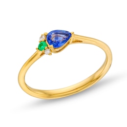 Pear-Shaped Blue Sapphire, Emerald and Diamond Accent Abstract Peacock Ring in 10K Gold
