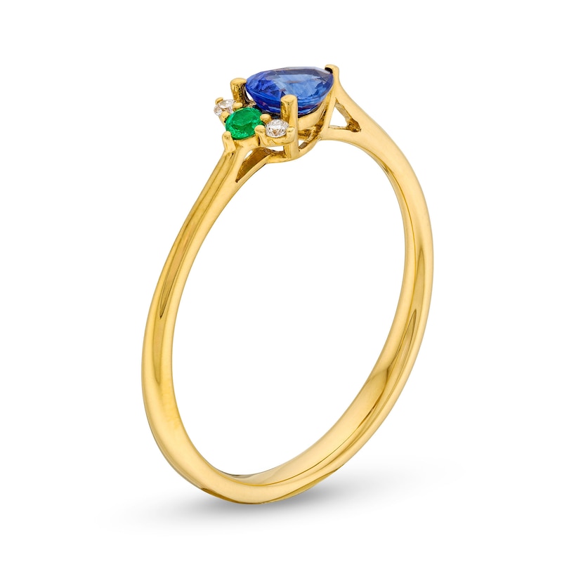 Main Image 3 of Pear-Shaped Blue Sapphire, Emerald and Diamond Accent Abstract Peacock Ring in 10K Gold