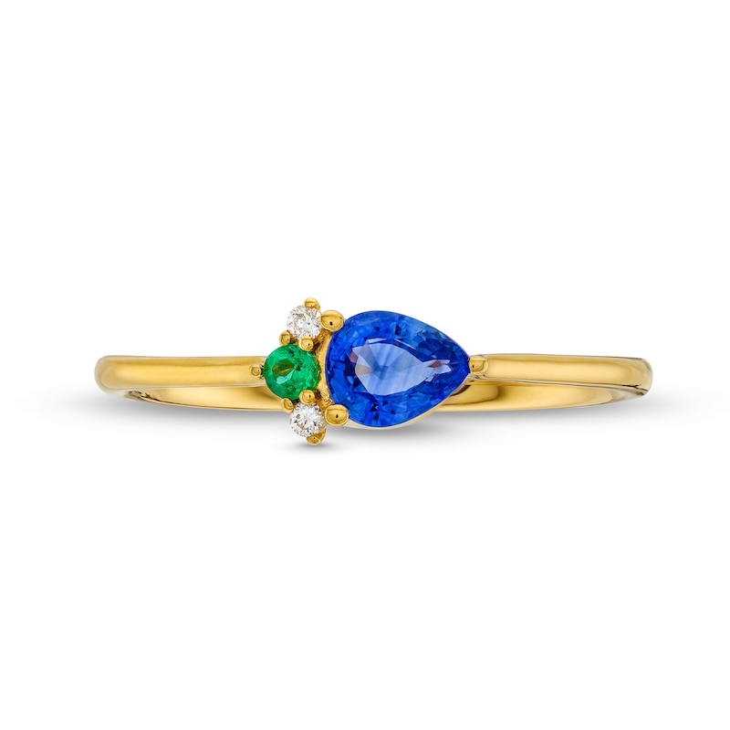 Main Image 4 of Pear-Shaped Blue Sapphire, Emerald and Diamond Accent Abstract Peacock Ring in 10K Gold