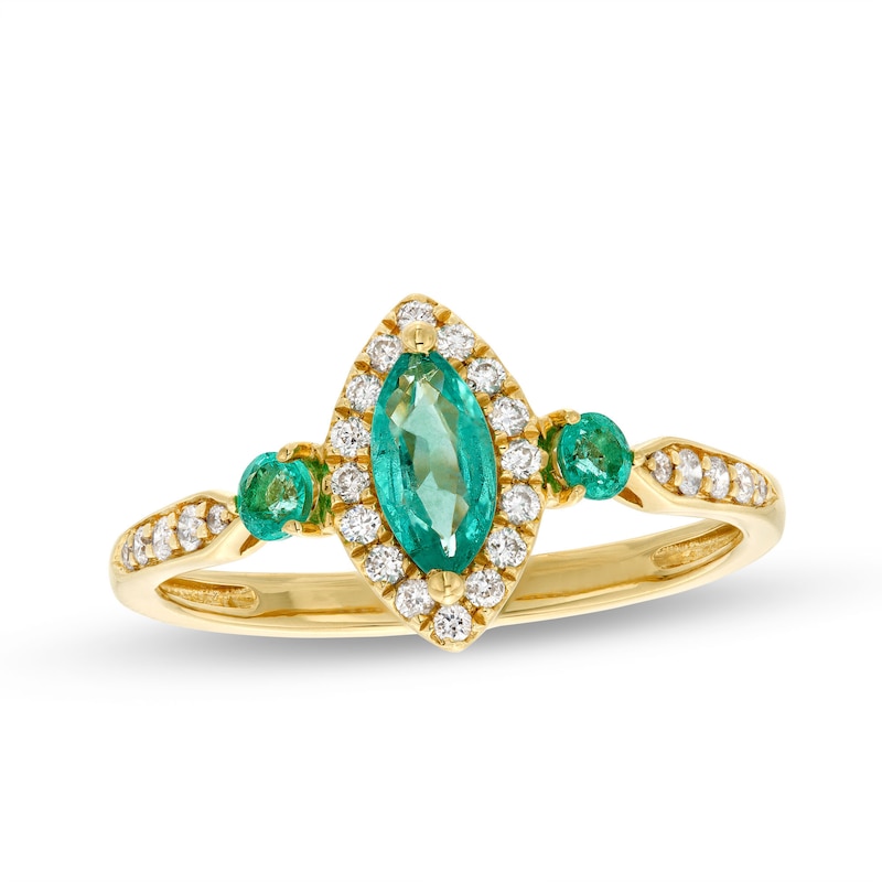 Main Image 1 of Marquise-Cut Emerald and 1/6 CT. T.W. Diamond Frame Three Stone Ring in 10K Gold