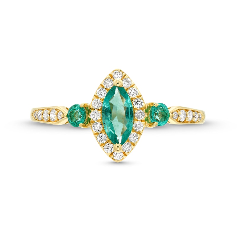 Main Image 4 of Marquise-Cut Emerald and 1/6 CT. T.W. Diamond Frame Three Stone Ring in 10K Gold