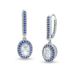 Oval White Lab-Created Sapphire and Blue Lab-Created Sapphire Frame Dangle Drop Earrings in Sterling Silver