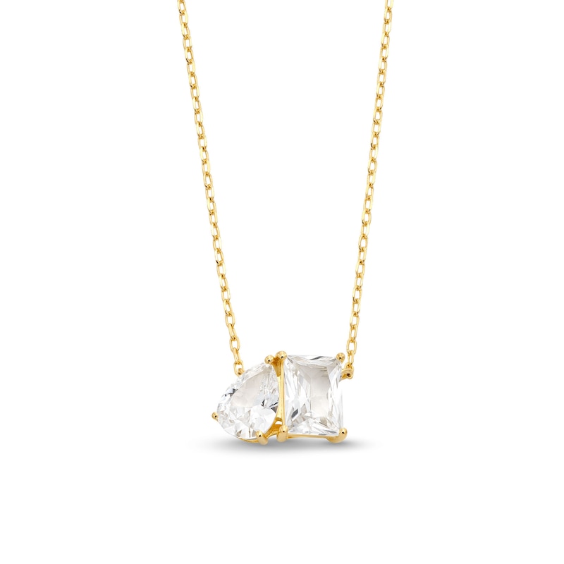 Main Image 1 of Pear-Shaped and Emerald-Cut White Lab-Created Sapphire Two Stone Necklace in Sterling Silver with 18K Gold Plate