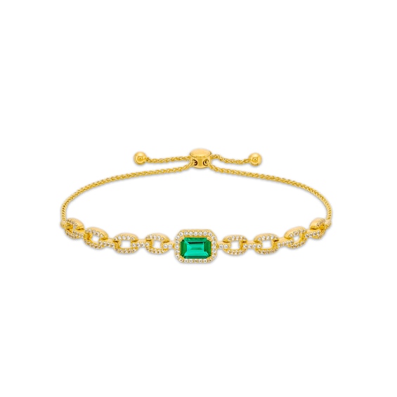 Lab-Created Emerald And White Lab-Created Sapphire Link Bolo Bracelet In Sterling Silver With 18K Gold Plate - 9.0