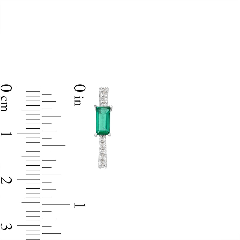 Main Image 3 of Baguette-Cut Lab-Created Emerald and White Lab-Created Sapphire Huggie Hoop Earrings in Sterling Silver