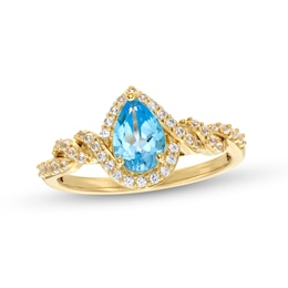 Pear-Shaped Blue Topaz and White Lab-Created Sapphire Cascading Frame Ring in Sterling Silver with 14K Gold Plate - Size 7